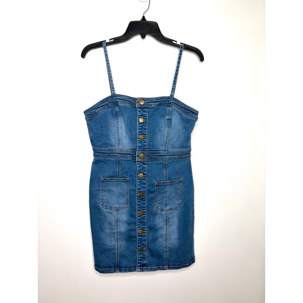 Forever 21 Denim Button Up Mini Dress Sz L Straps Y2K 90s 80s Cowgirl Nashville